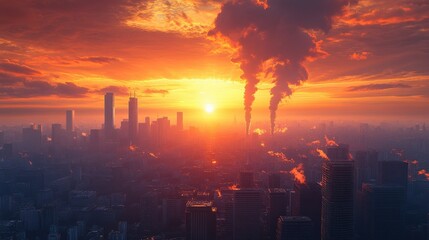 Stunning Aerial View of City Skyline at Sunset with Dramatic Cloudscape and Industrial Smoke Emissions Against a Vibrant Orange and Purple Sky
