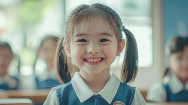 Little cute smiling Asian schoolgirl wearing uniform in classroom looking into camera. Back to school concept