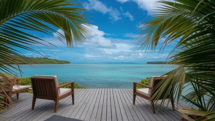 A serene tropical oasis featuring two wooden lounge chairs overlooking a tranquil turquoise sea and lush greenery under a bright blue sky.
