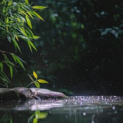 Naklejka premium Tranquil Spa Background Bamboo Stones Water Reflection Sunlight