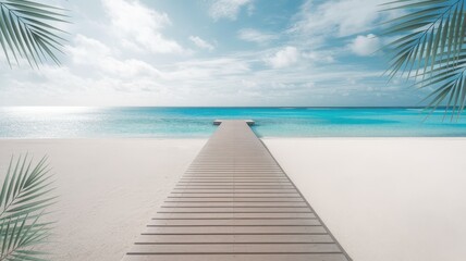 Naklejka premium A serene view of a wooden pier extending into turquoise waters, framed by lush palm leaves under a bright blue sky.