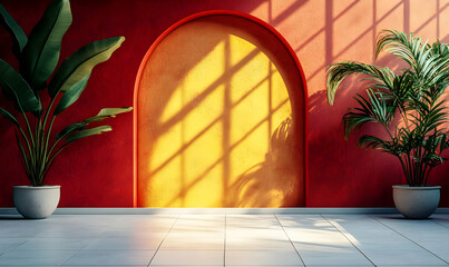 Red room arched doorway sunlit plants interior design