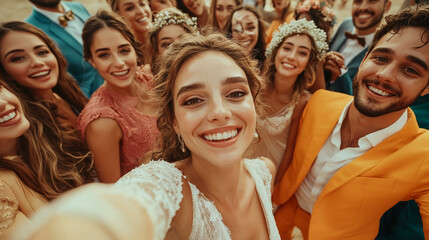 A lively wedding celebration with the entire party holding up the camera for a wide-angle group selfie
