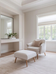 Fototapeta premium modern living room featuring white armchair, ottoman, and mirror. serene atmosphere is enhanced by natural light and neutral tones.