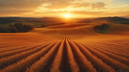 Fototapeta premium Tranquil Golden Fields at Sunset with Rolling Hills and Striped Crop Patterns under a Colorful Sky