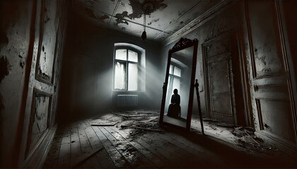 Obraz premium A gloomy room with a mirror containing an otherworldly figure