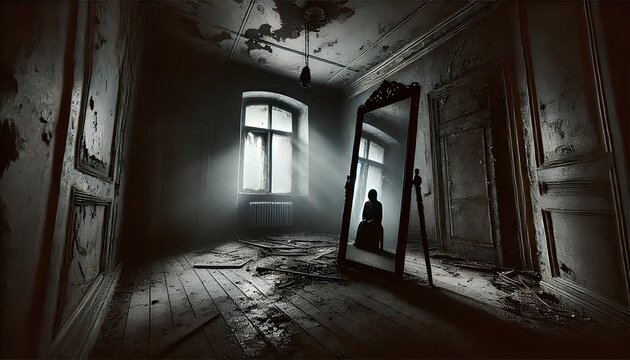 A gloomy room with a mirror containing an otherworldly figure