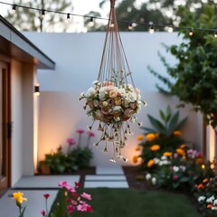 Hanging floral arrangement illuminates outdoor patio space