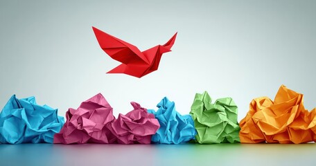 Innovation and Creativity Symbolized by an Origami Bird Soaring Above Crumpled Papers Representing New Ideas and Individuality in Thinking
