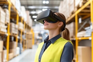 A woman in a yellow vest uses virtual reality technology in a warehouse, showcasing innovation in logistics and training.