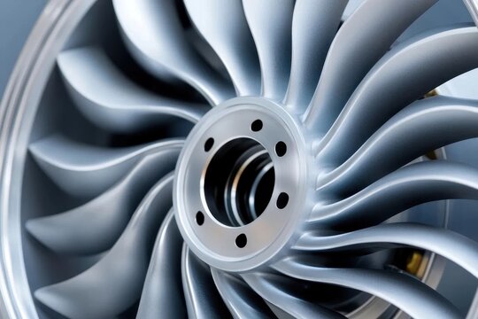 A close-up view of a turbine engine fan, showcasing its sleek, curved blades and metallic finish, emphasizing engineering precision and design.