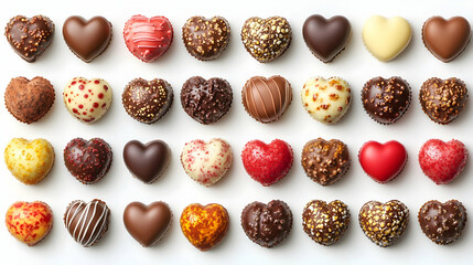 Assorted heart chocolates, white background, Valentine's Day gift