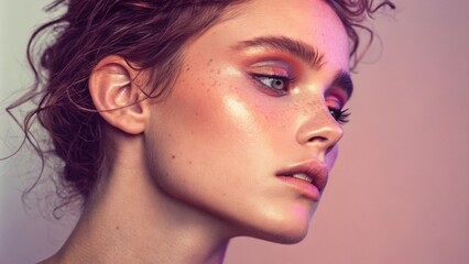 Fototapeta premium A softfocus portrait renders the subjects skin with a gentle wash of neon peach and lilac shadows. The colors blend harmoniously evoking warmth and tenderness while still