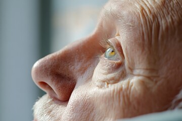 Naklejka premium A close-up of an elderly man's face, showcasing his thoughtful expression and the details of his skin and eye.