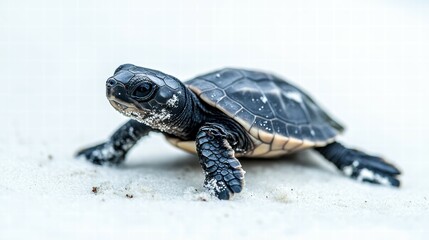 Obraz premium Baby turtle journey white background nature photography minimalist setting close-up view inspirational concept