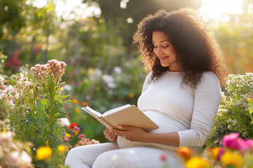 A serene pregnant biracial woman enjoys a peaceful moment reading a book outdoors in a vibrant garden, surrounded by colorful flowers and soft sunlight