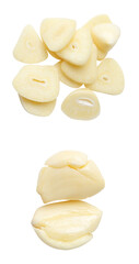 Top view set of peeled pounded garlic clove with slices in stack isolated with clipping path in png file format