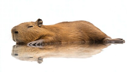 Capybara lounging water photography white background close-up relaxation