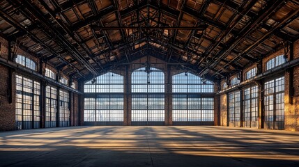 Exposed steel beams and raw brick walls create industrial atmosphere in building. Large windows fill space natural light enhancing urban aesthetic through dramatic shadows.