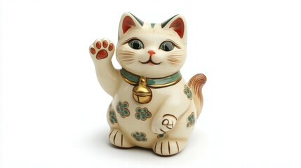 Waving japanese lucky cat figurine traditional decor home white background close-up good fortune symbol