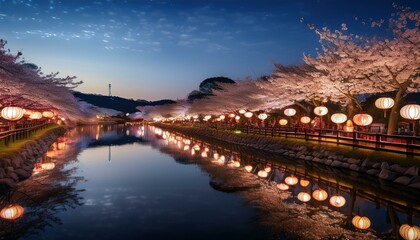 川沿いに映る夜桜と灯りの幻想

