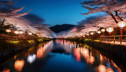 Fototapeta premium 川沿いに映る夜桜と灯りの幻想