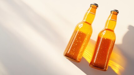 Two Glass Bottles of Refreshing Orange Beverage with Bubbles Set Against a Soft Neutral Background Illuminated by Gentle Sunlight