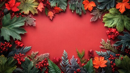 Vibrant Autumn Leaves and Berries Framing a Warm Red Blank Background Ideal for Seasonal Designs and Holiday Themes