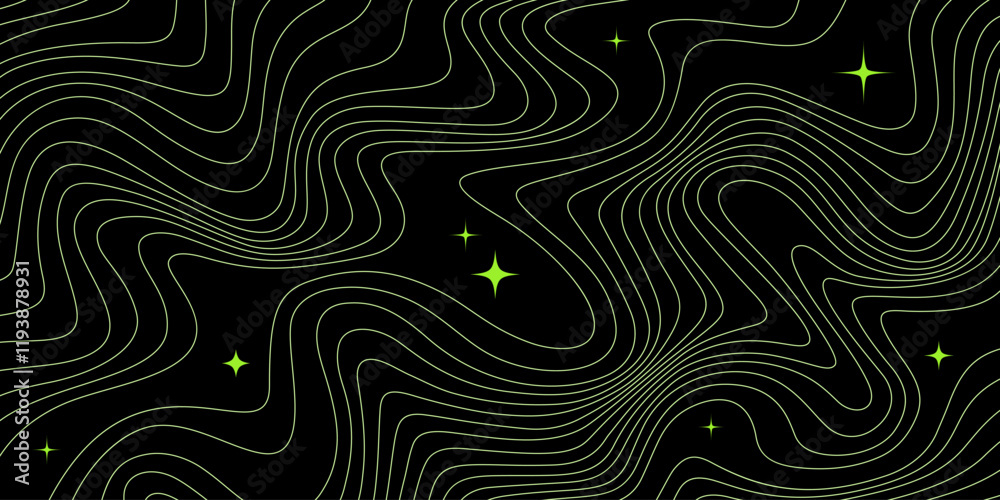 Poster Y2K Background with a Pattern of Lines and Stars. Abstract Retro Metaverse Space. Vector Funky and Groovy Bg. Dark Night with Acidic Graphic Elements.