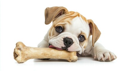 Obraz premium Bulldog puppy chewing a bone white background animal photography indoor setting close-up playful canine moment