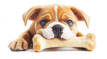 Obraz premium Bulldog puppy chewing a bone white background animal photography playful environment close-up view canine behavior
