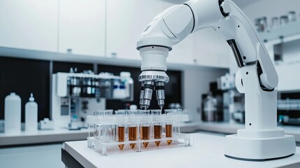 A robot conducting automated experiments in a modern biochemistry lab with clean, organized research stations and advanced experimental setups, Biochemistry tech style