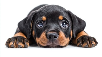 Obraz premium Doberman pinscher puppy focused stare indoor studio pet photography bright white background close-up captivating canine expression
