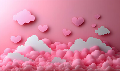 Fototapeta premium Pink hearts, clouds, pastel background, love, Valentine's