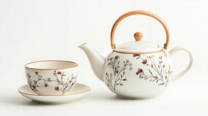 Elegant teapot pouring tea into matching cup on white background