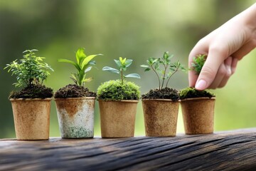 Plant seedlings in pots ready to be transplanted into the ground. Generative AI