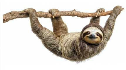 Obraz premium Sloth hanging from a branch white background wildlife image nature setting close-up view adorable animal concept