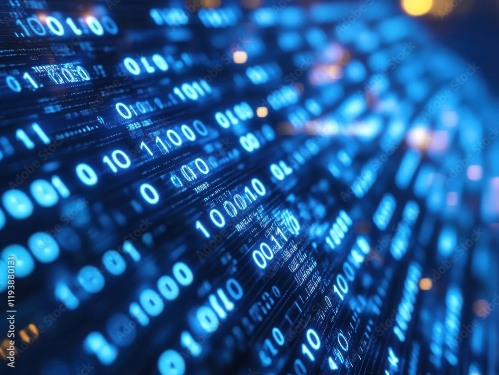 Poster abstract representation of binary code flowing through a digital landscape, showcasing the essence o