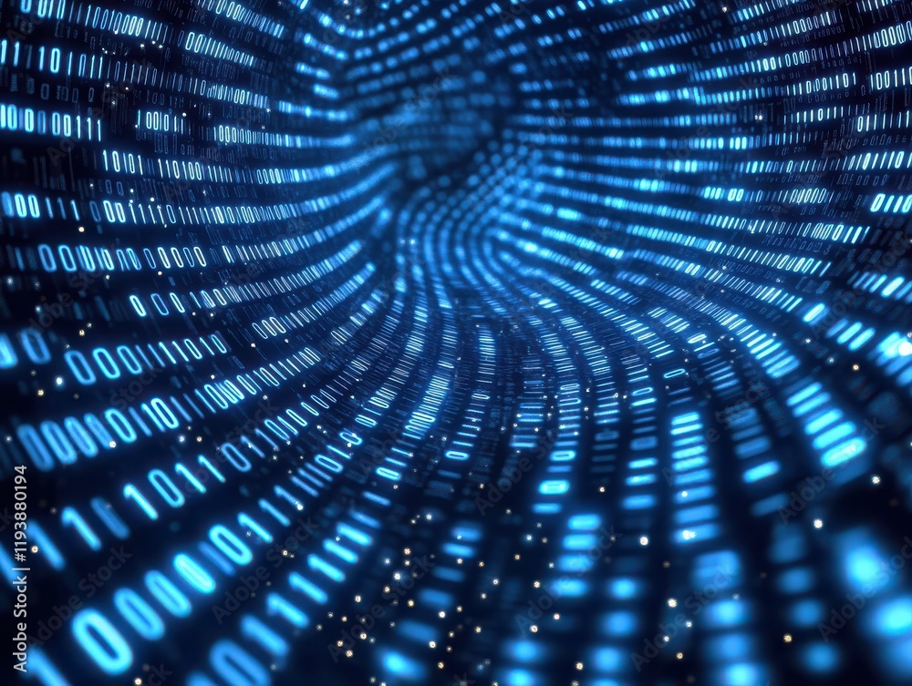 Poster abstract representation of binary code flowing through a digital tunnel, showcasing deep perspective