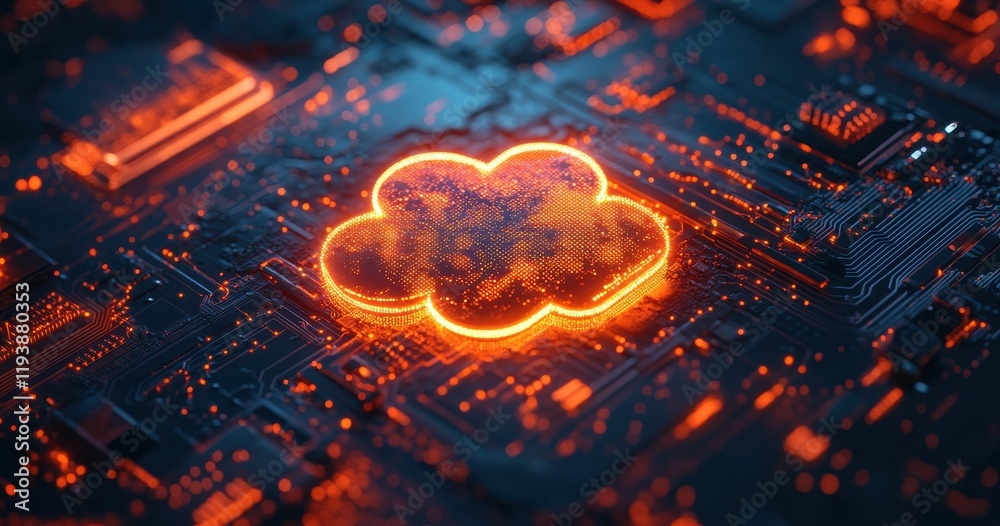 Poster abstract representation of cloud computing with glowing orange cloud symbol on a futuristic circuit 