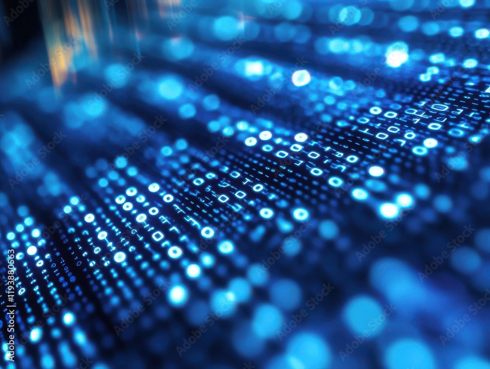 Poster abstract representation of digital data streams with glowing binary code in blue tones, highlighting