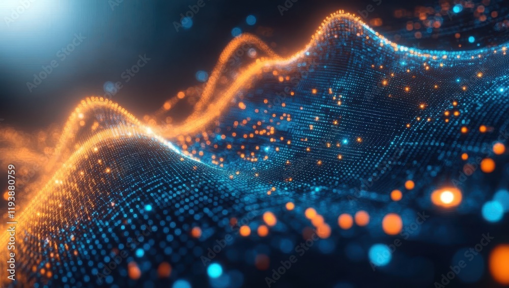 Poster abstract representation of digital waveform with particles and illuminated dots in blue and orange c