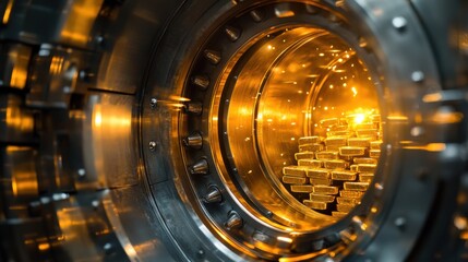 A Partially Open Vault Door Revealing Shiny Gold Bars Illuminated by Bright Artificial Lighting in a Secure Environment Captured from a Wide Angle Perspective