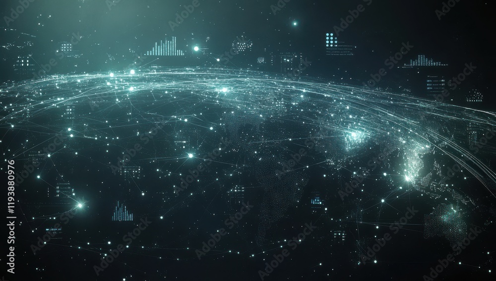 Poster abstract representation of global connectivity with data streams and digital nodes creating a networ