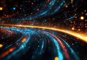 Fototapeta premium Abstract representation of dynamic swirling particles with glowing lights in vibrant colors, illustrating movement and energy in a digital universe of technology and innovation.