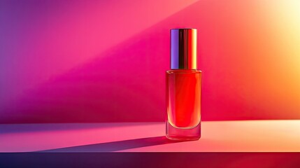 A glossy bottle of semi-permanent nail varnish with dual shades, styled with artistic nail designs and chic props.