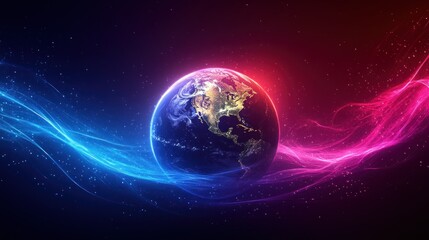 Earth in space with colorful nebulae background.