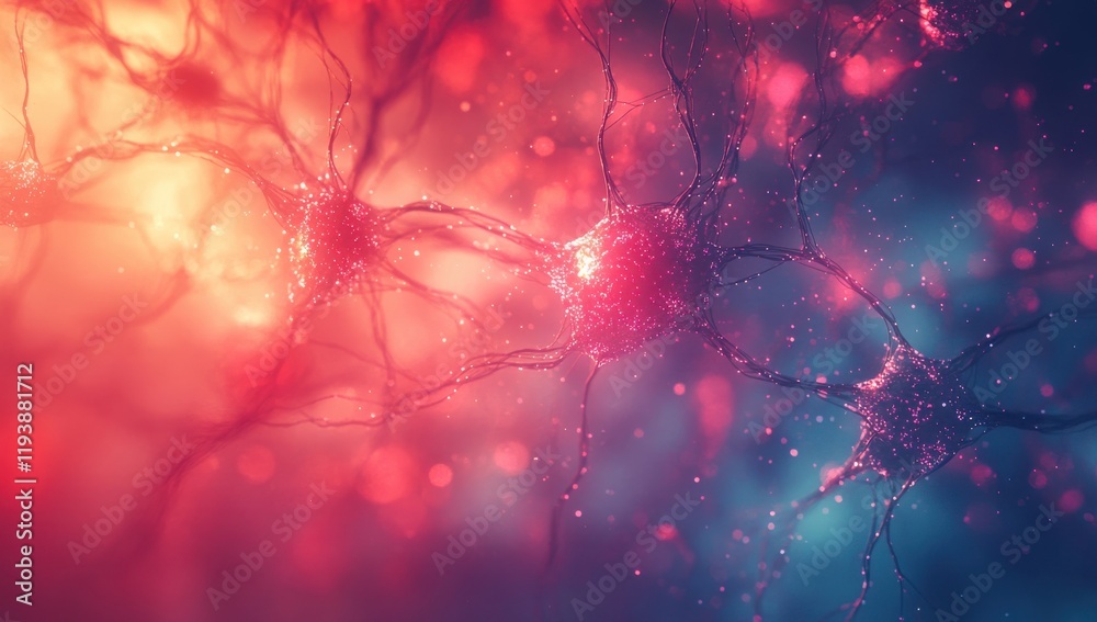 Poster abstract representation of neurons and neural connections in vibrant colors, showcasing the complexi