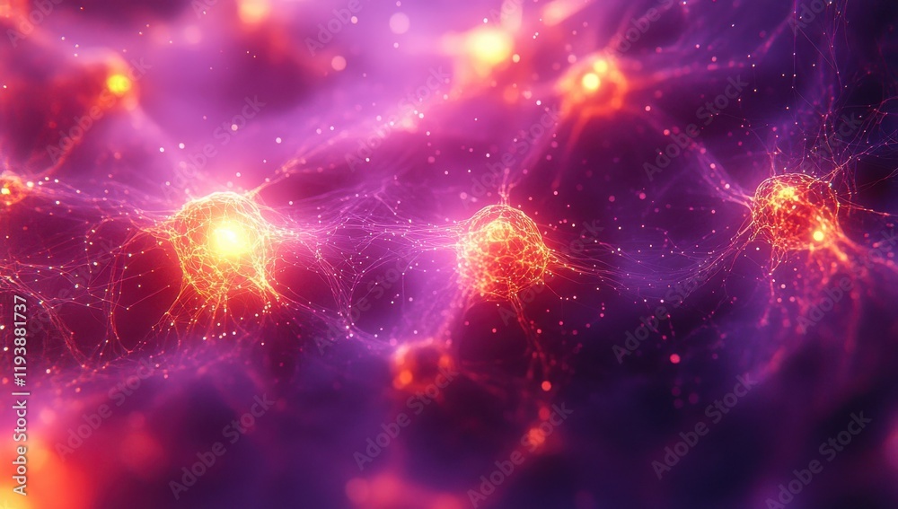 Poster abstract representation of neural connections and synapses in a colorful digital space with deep pur