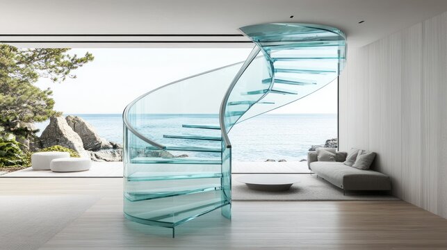 Modern Glass Spiral Staircase with Ocean View